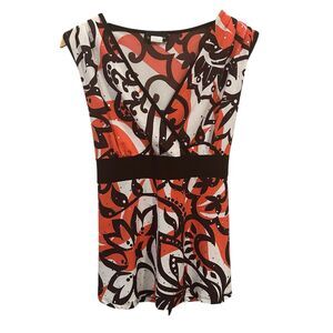 Womens V Neck Babydoll Top Size Large Brown Peach‎ Floral Tie Waist Office Y2K